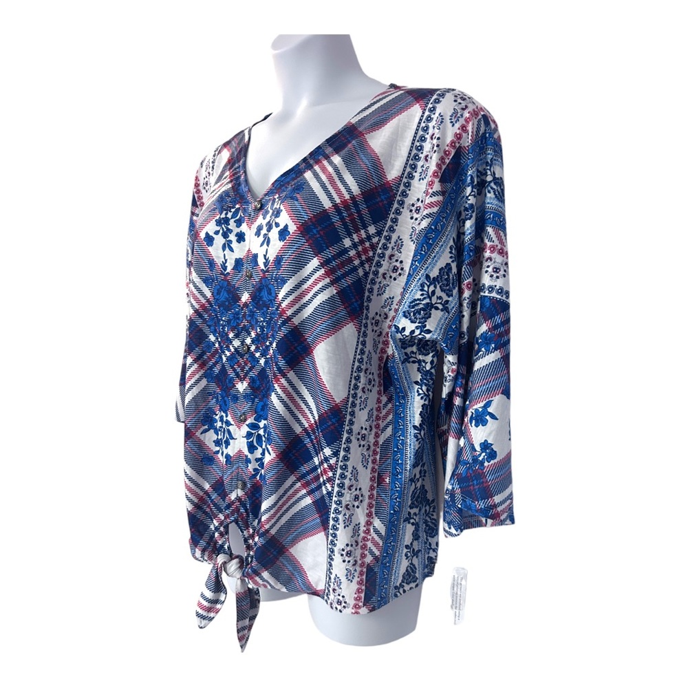 Style & Co Floral Plaid Tie Waist T-Shirt Knit Soft Stretchy Spring Casual Top - Picture 4 of 11
